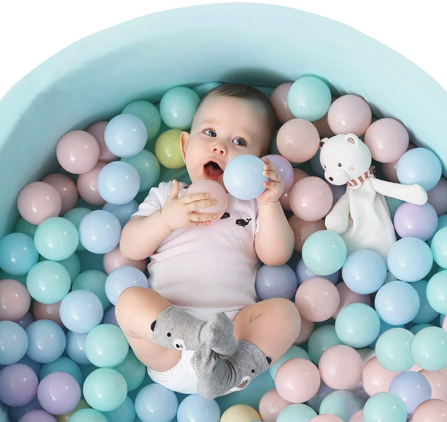 TRENDBOX macaron colors ball pit balls closeup showing vibrant, safe textures for toddler play