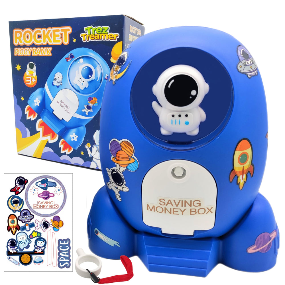 Trez Treamer rocket ship piggy bank in blue, sturdy for kid-friendly savings.