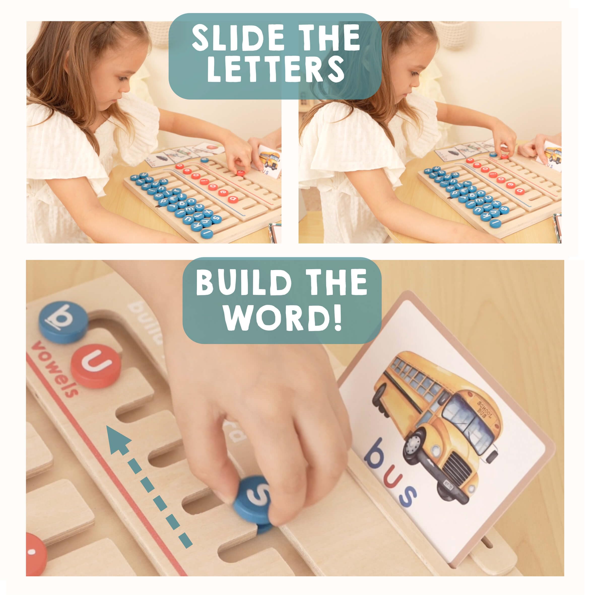 Tribetots wooden spelling flashcards for phonics and word building.