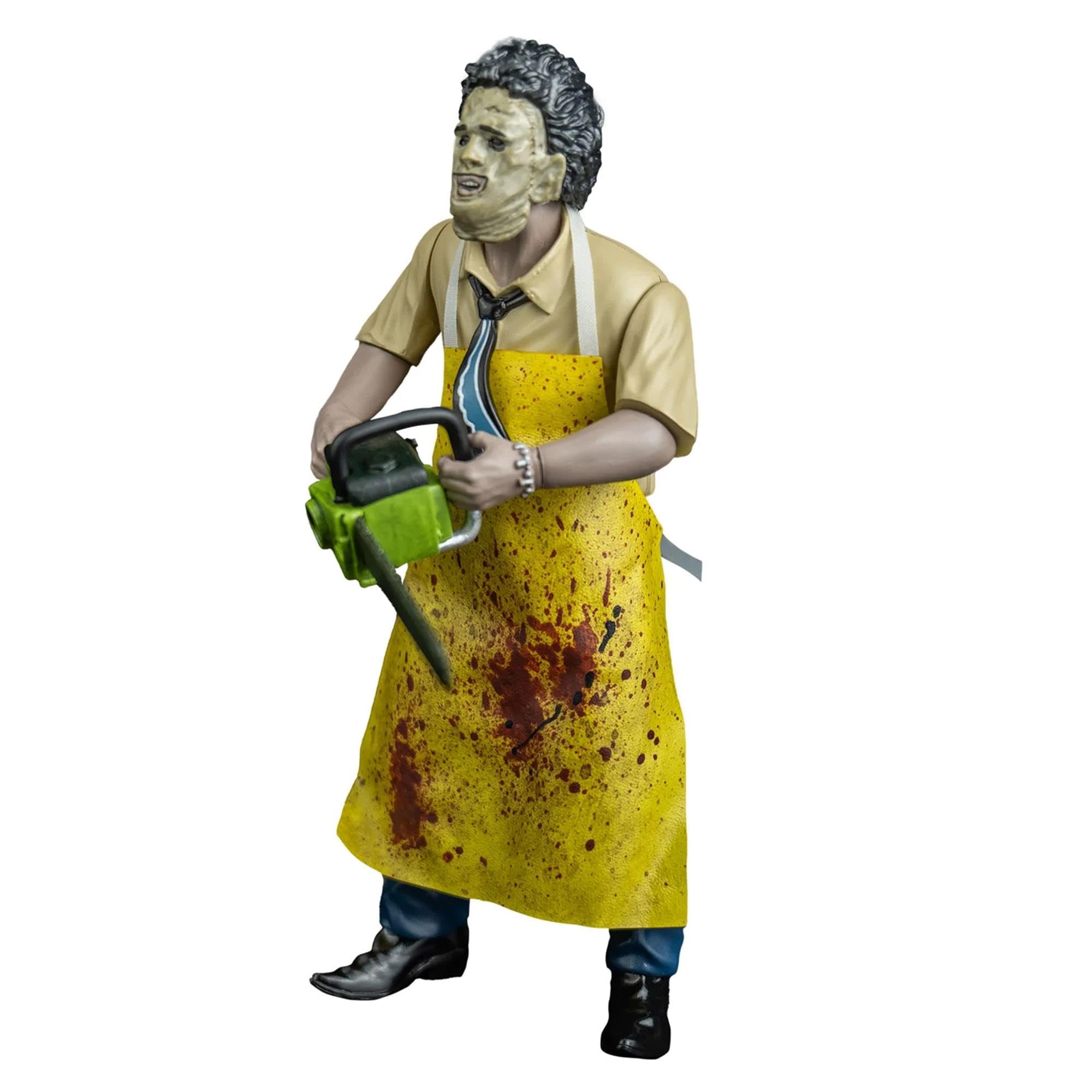 Leatherface killing mask figure with vinyl apron for display and collection
