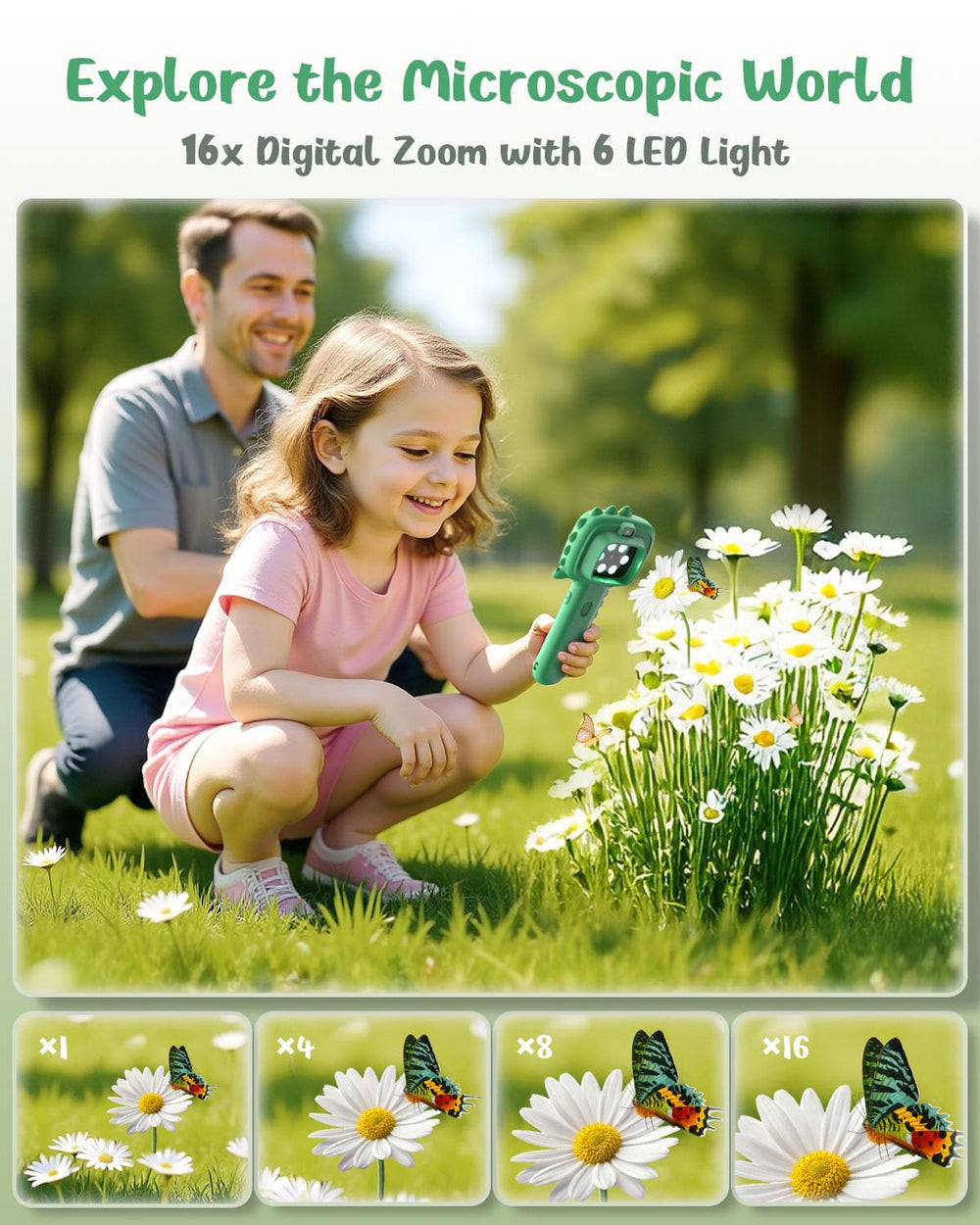 Trigowalt handheld microscope shows clear magnified views with six LED lights for any environment.