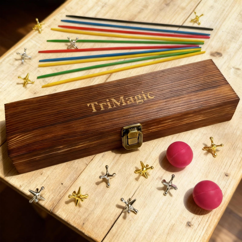TriMagic metal jacks and balls set engages fast play and improves hand-eye coordination.