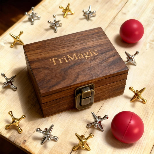 TriMagic metal jacks game with ball on wooden box for classic play and portability