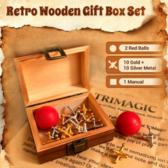 TriMagic wooden gift box with retro latch securely storing jacks and balls