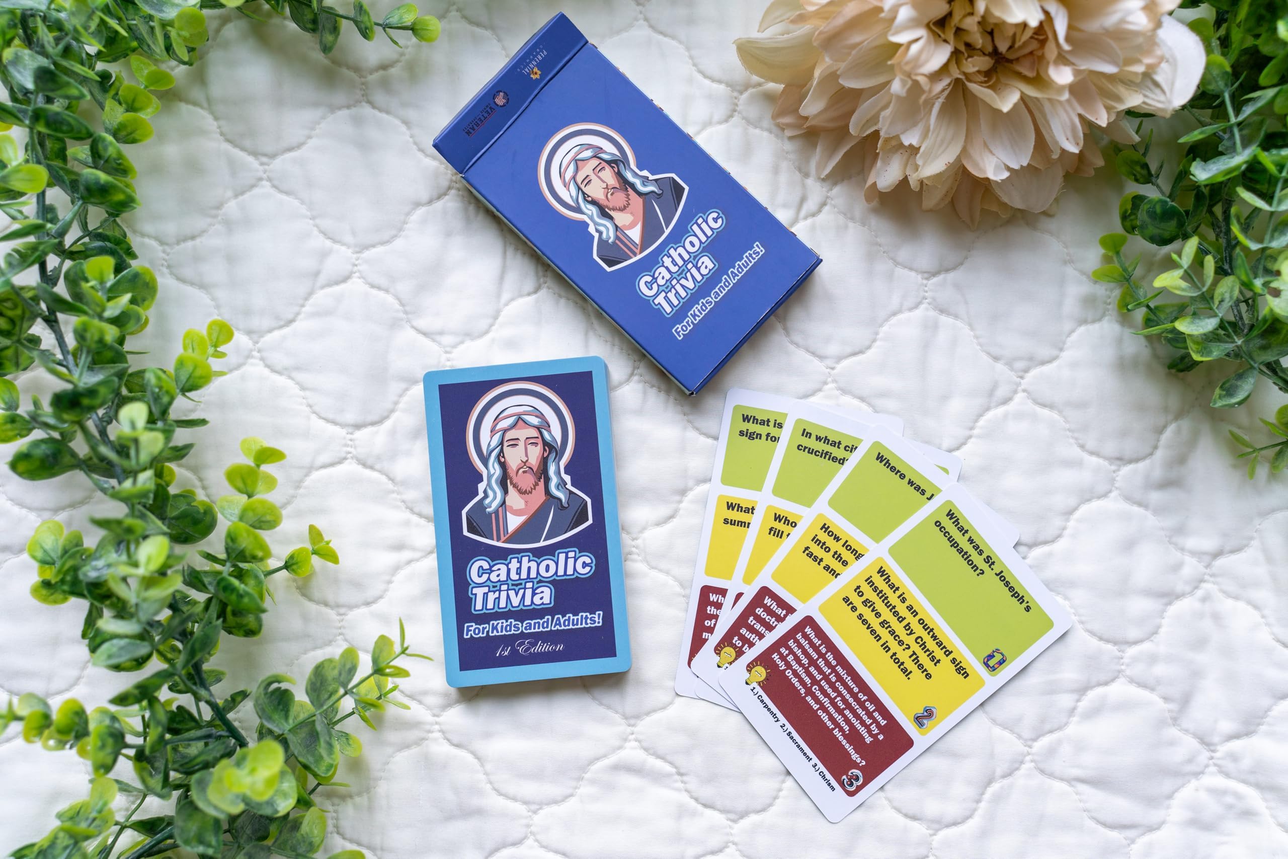 Trivioso Catholic Trivia Game dinner-time scene promotes learning through questions
