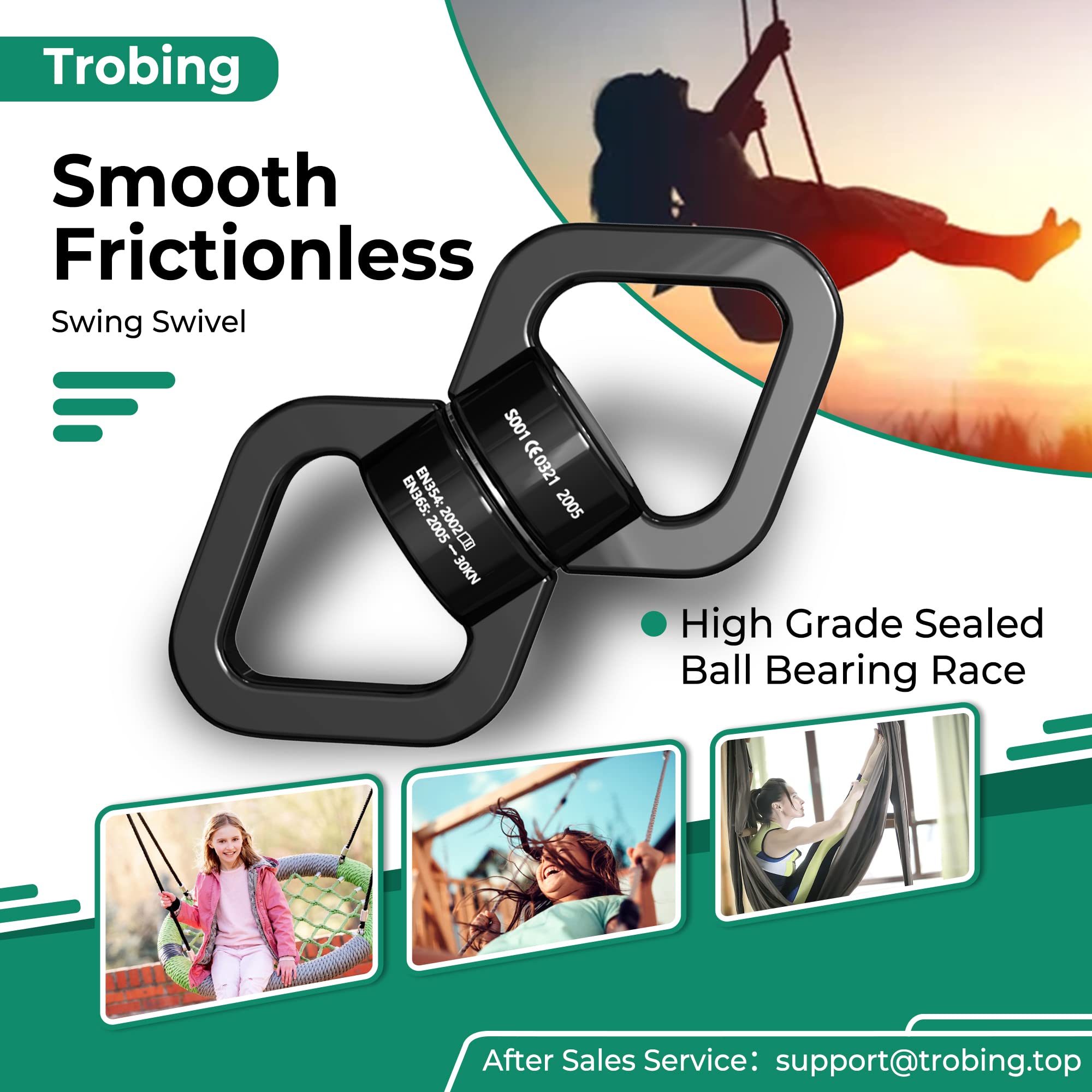 Trobing 360-degree rotator provides effortless hanging accessory for aerial yoga and hammocks.
