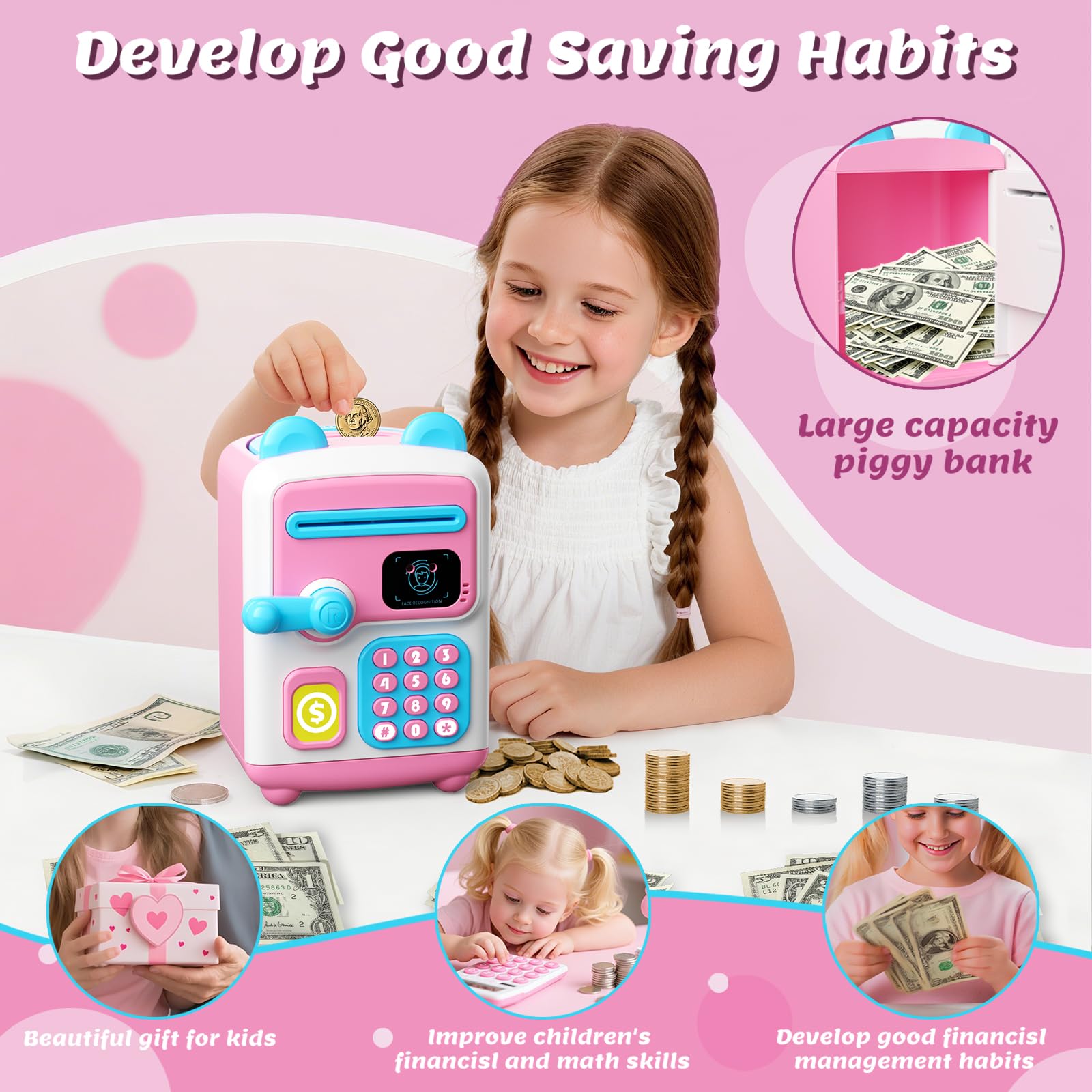 TROTK Upgraded Piggy Bank deposit-slot enables easy saving of coins and notes.