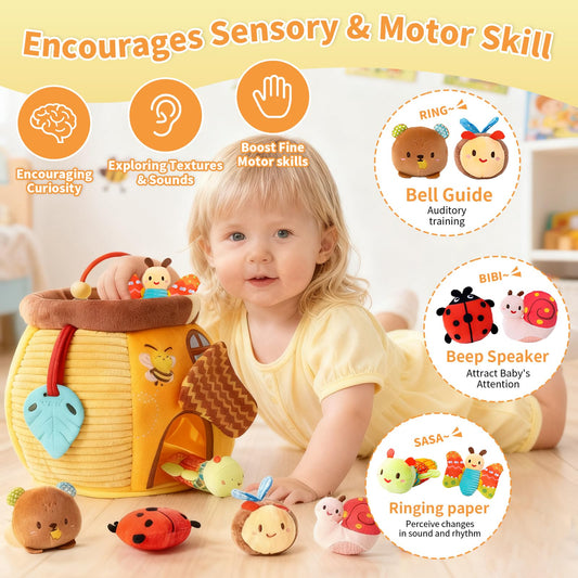 Trsieva Honey Pot House open door displaying six plush sensory toys.