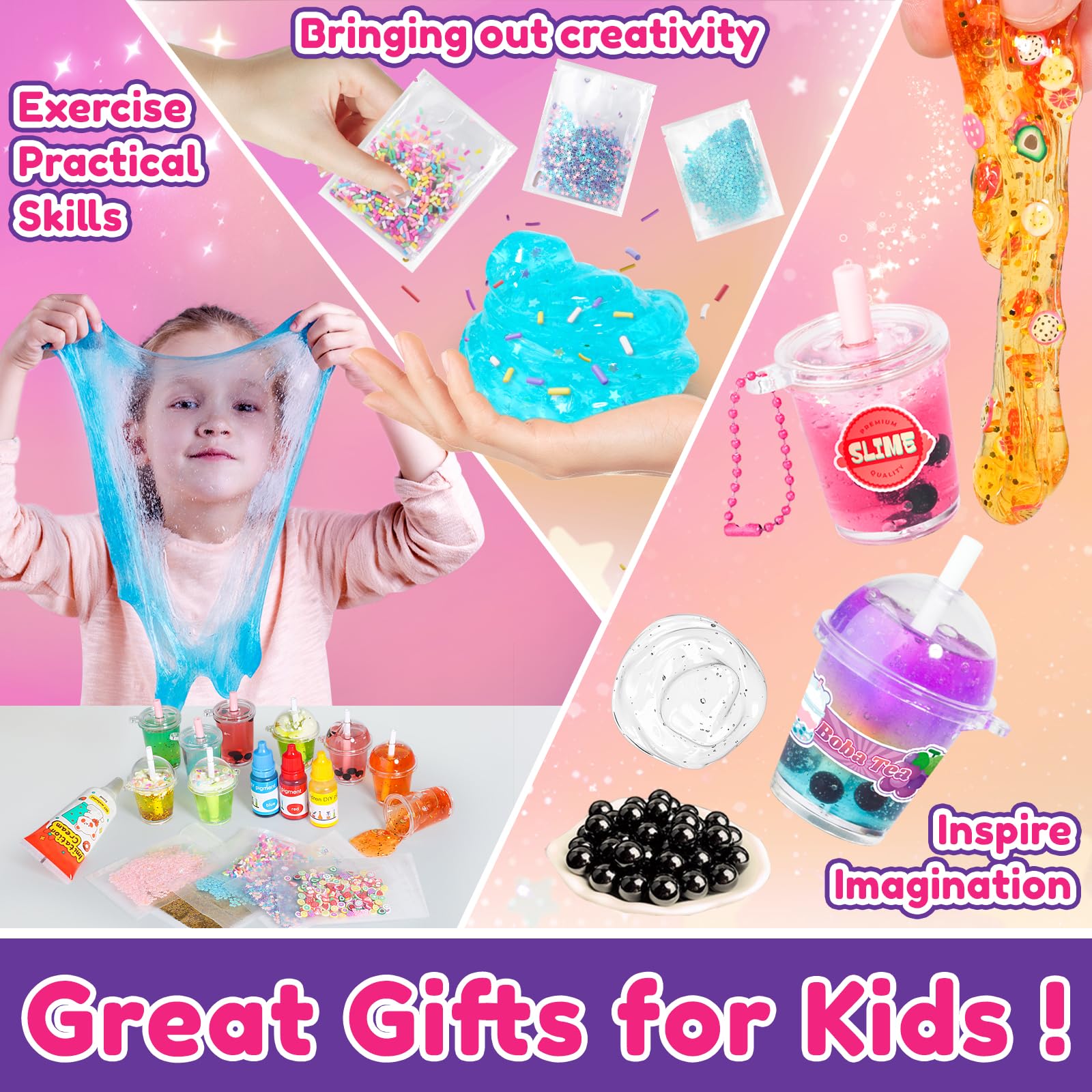 Trubic slime beads and toppings for textured, tactile crafting.