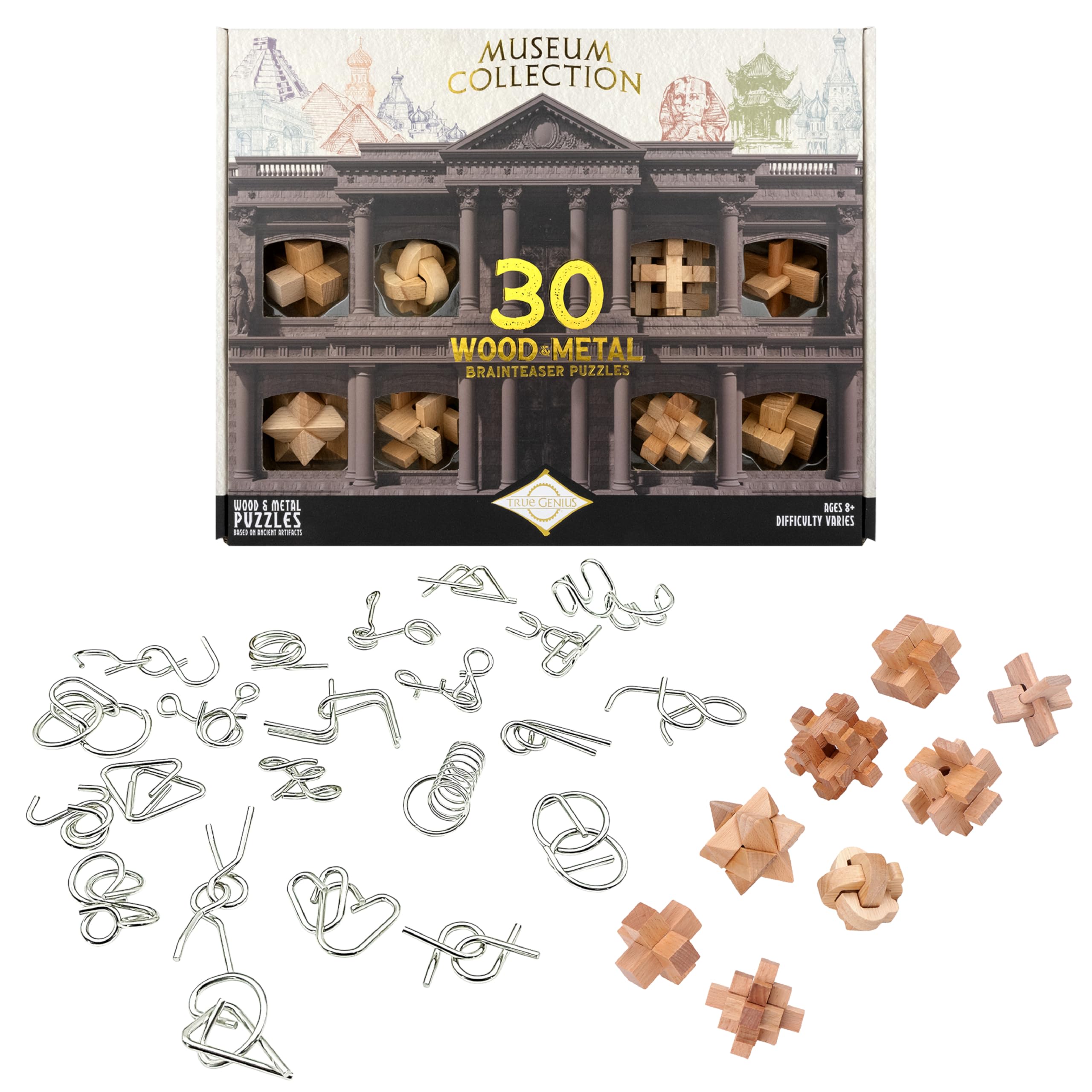 True Genius Museum Collection Gift Set box with 30 puzzles for solo problem-solving.