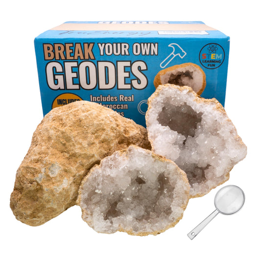 TruEnergy Break Your Own Geodes Kit reveals sparkling geodes after cracking open for hands-on geology learning.