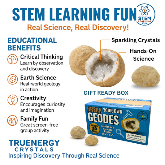 TruEnergy Break Your Own Geodes Kit magnifying-glass enables close inspection of crystal details.