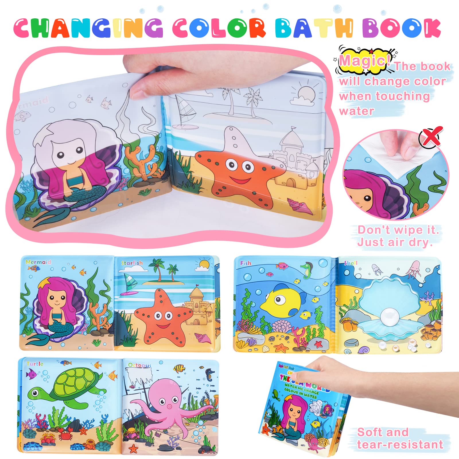 TSDATOWR color-changing ocean bath book reveals hues when wet.