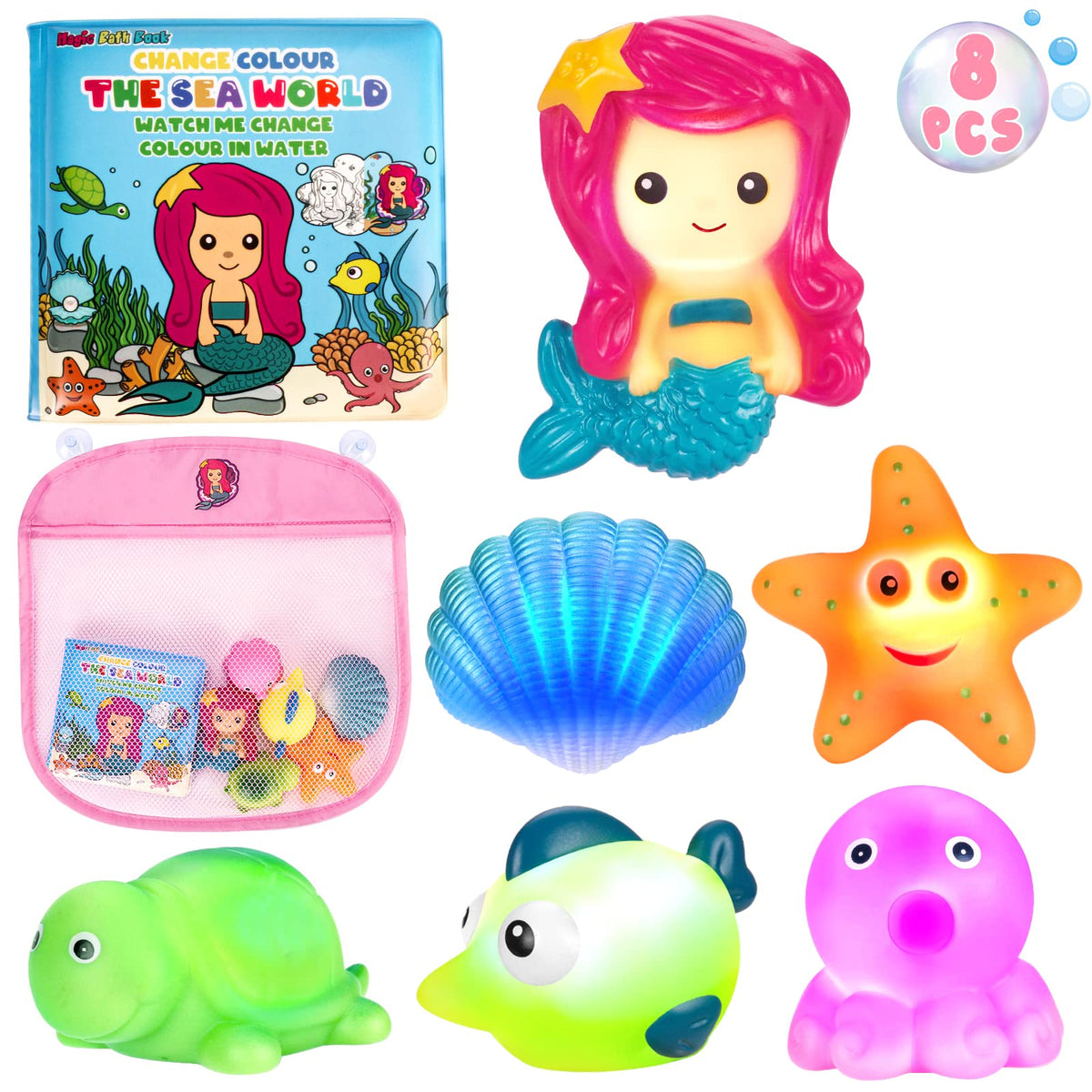 TSDATOWR light-up mermaid bath toy glows in water, ideal for toddler bath time.