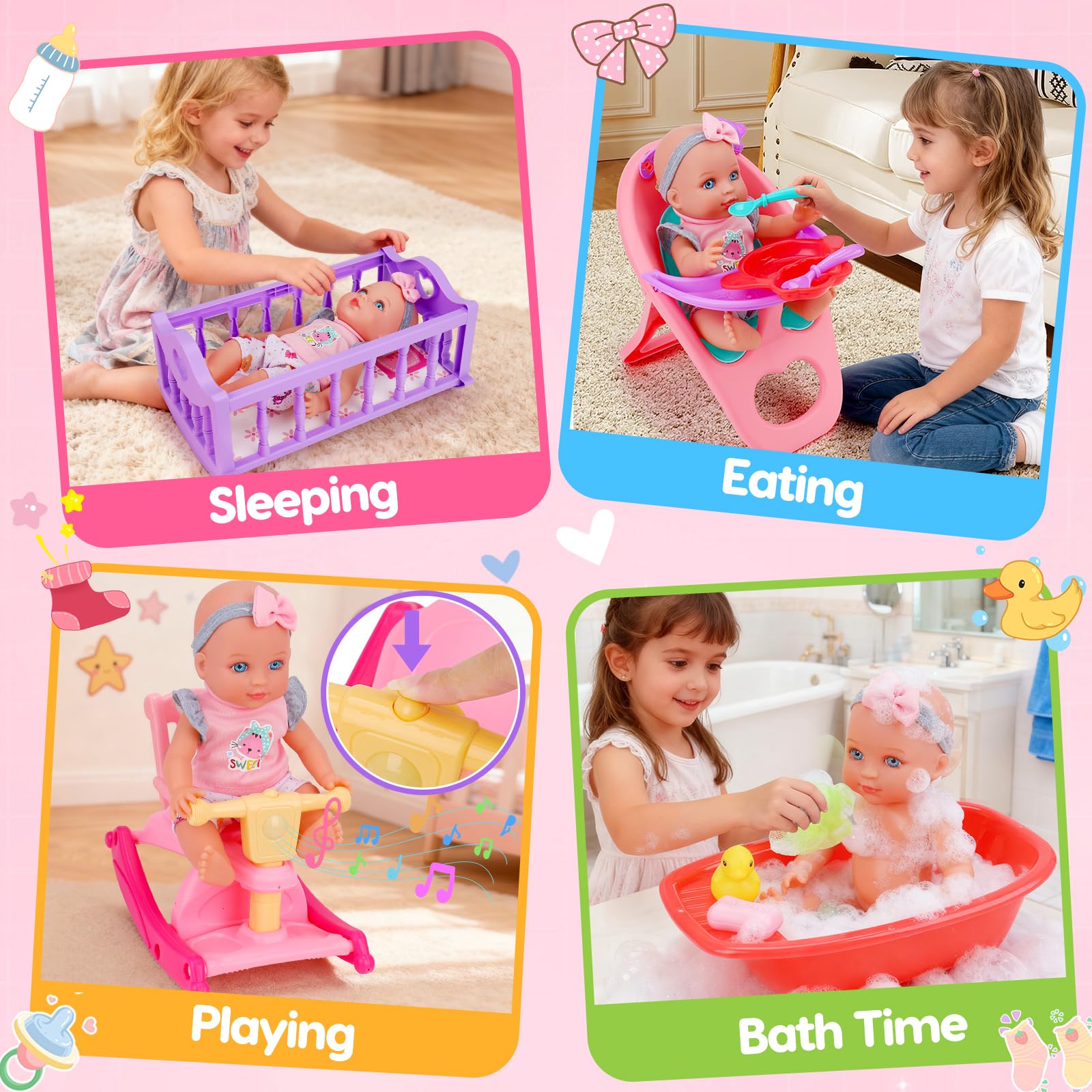 Tsomtto high chair with dining accessories supporting nurturing feeding role-play.