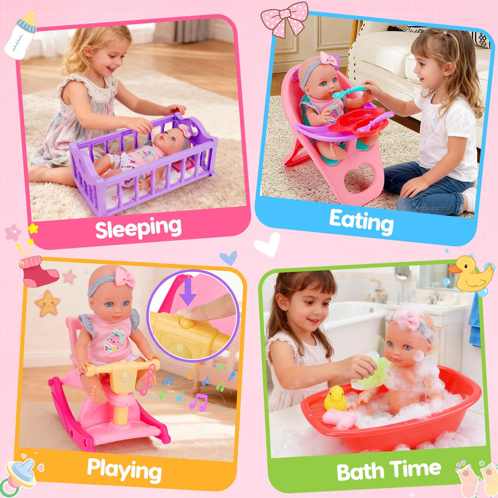 Tsomtto high chair with dining accessories supporting nurturing feeding role-play.