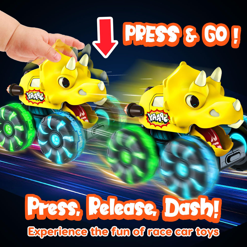 Tsomtto Monster Truck Velociraptor Dino Truck with LED accents for engaging night play.