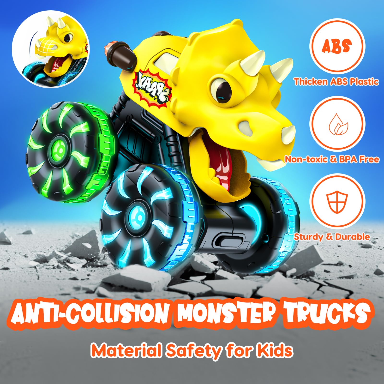 Tsomtto Monster Truck LED wheel lights captivate kids during playtime.