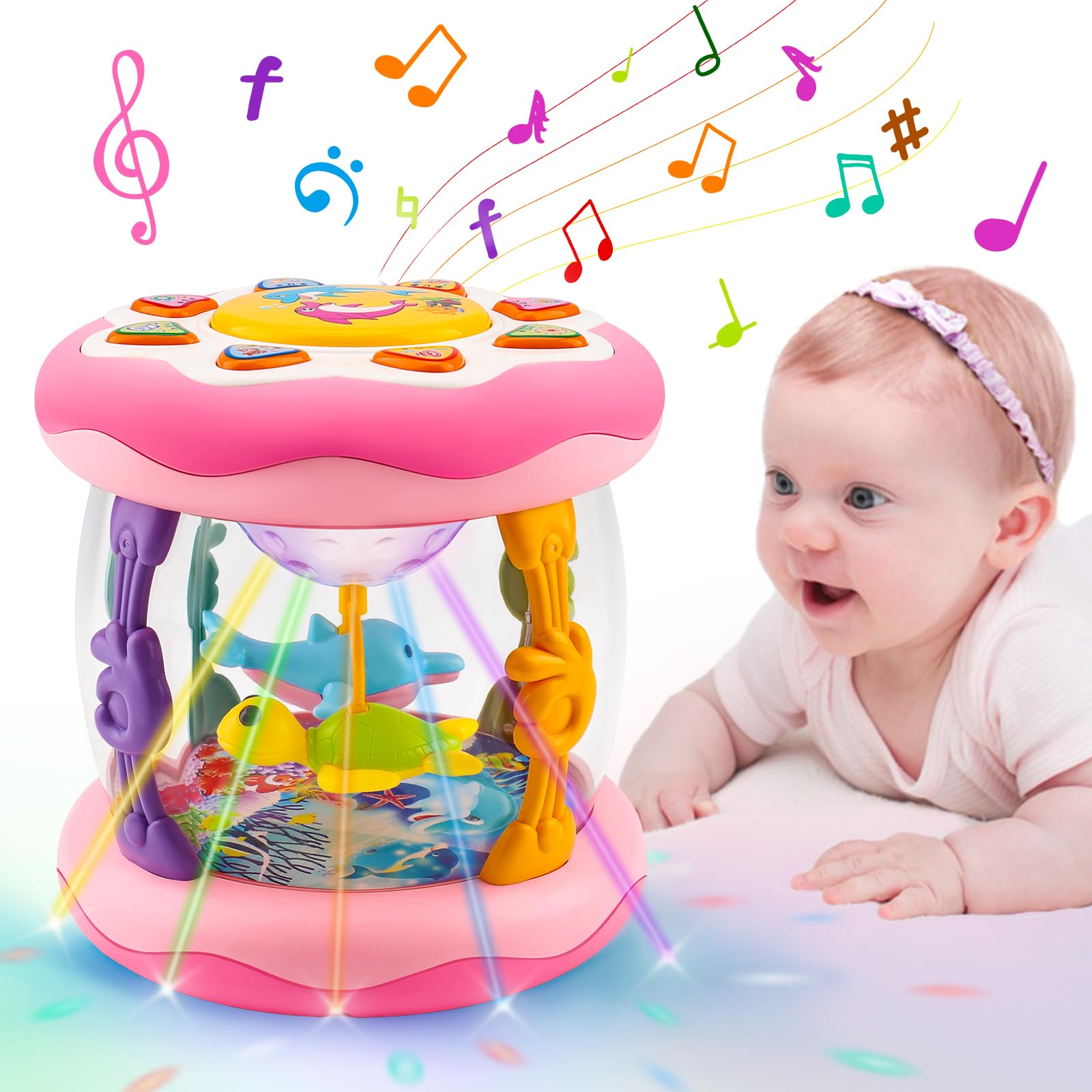 Tsomtto Ocean Projector with rotating dolphins engaging baby during tummy time.