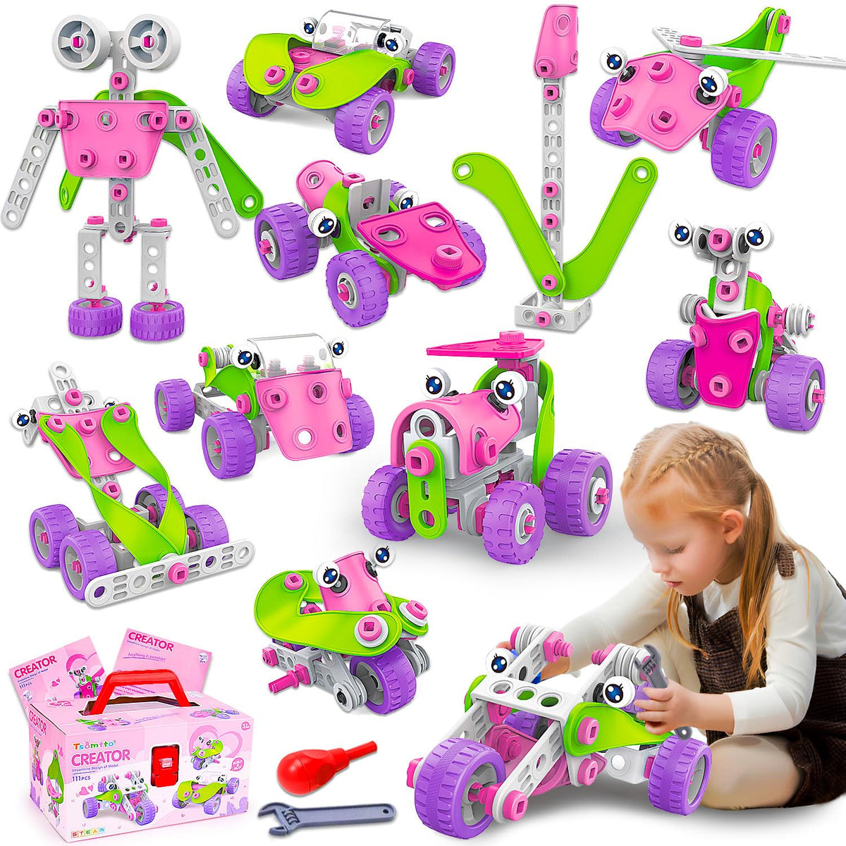 Tsomtto pink STEM building set with diverse model options for creative play