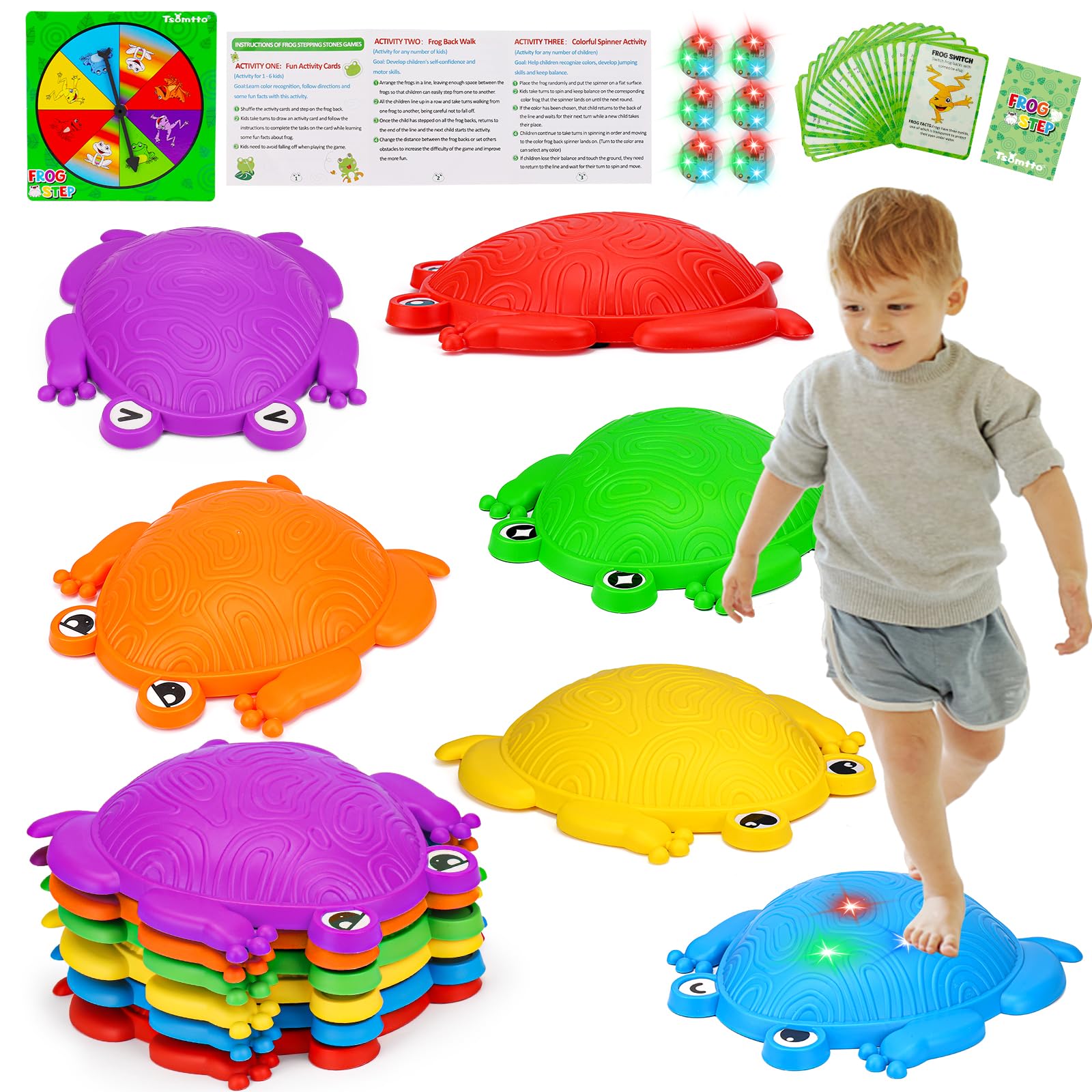 Tsomtto rainbow frog stepping stones front view for outdoor balance play.
