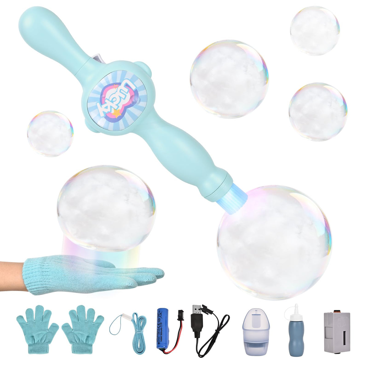 TTKADIY Elastic Bubble Fog Wand with blue lights for magical outdoor play.