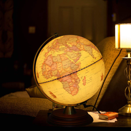 TTKTK illuminated world globe on wooden base, ideal for classroom and desk decor.