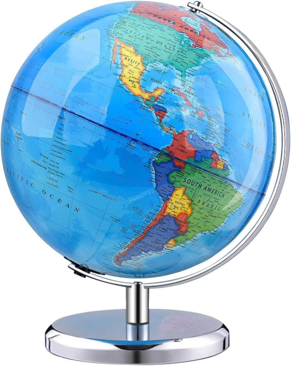 TTKTK World Globe blue with stainless steel stand for classroom learning.