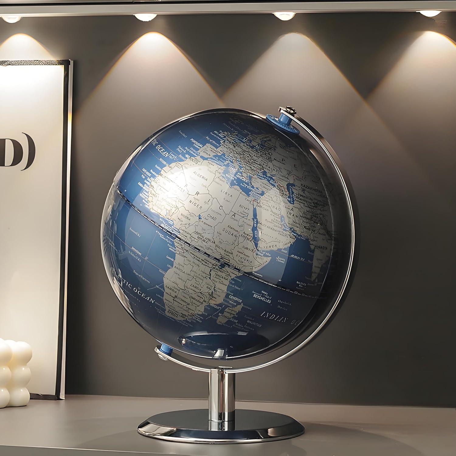 TTKTK World Globe on stainless steel stand, durable desk accent for learning and display.