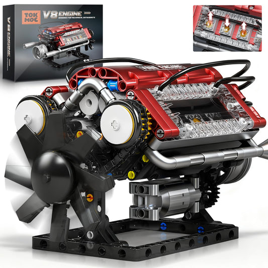 Tuajixz V8 engine model kit in action, pistons moving and motor running.