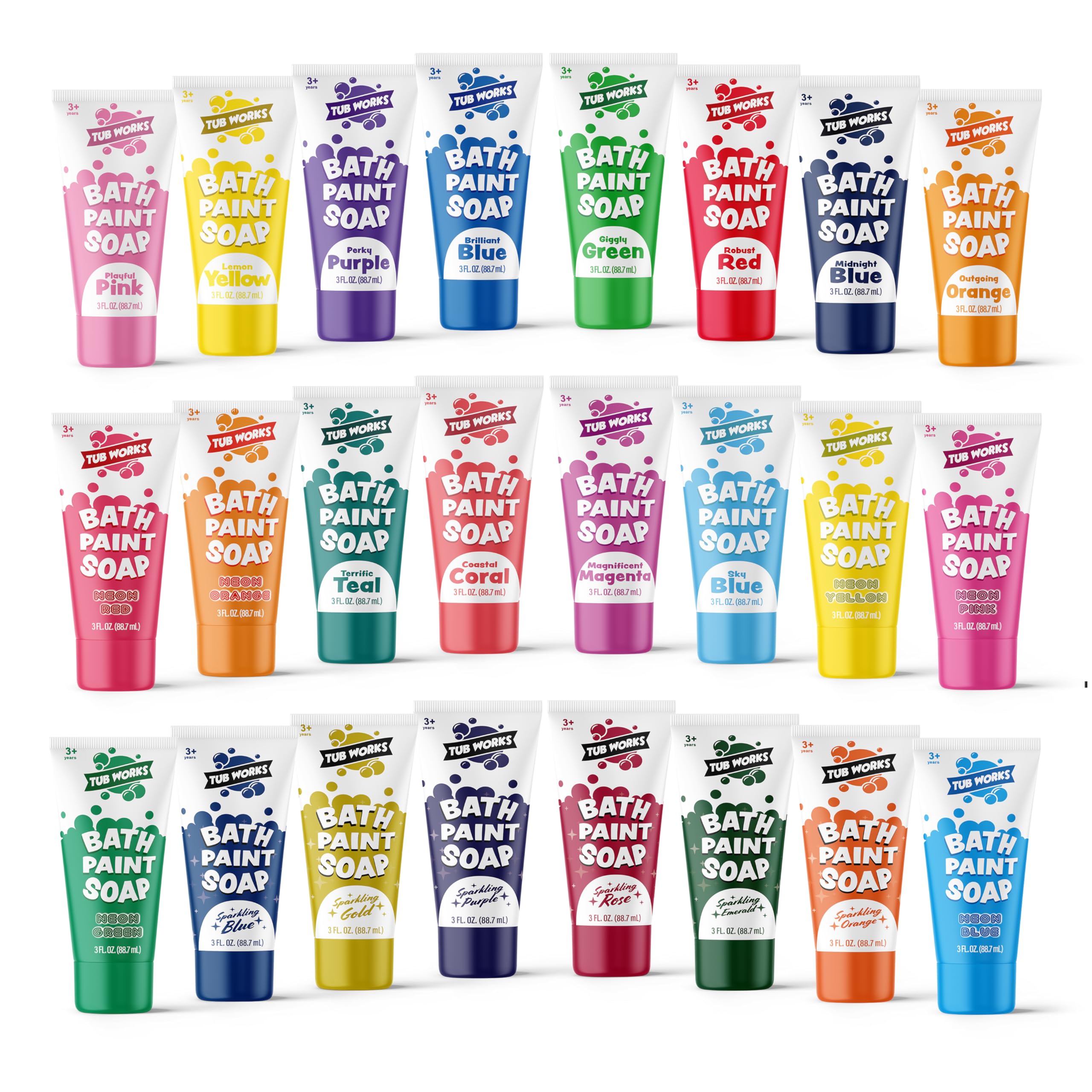 Tub Works Bath Paint Set shows 24 colors for creative toddler play in the tub