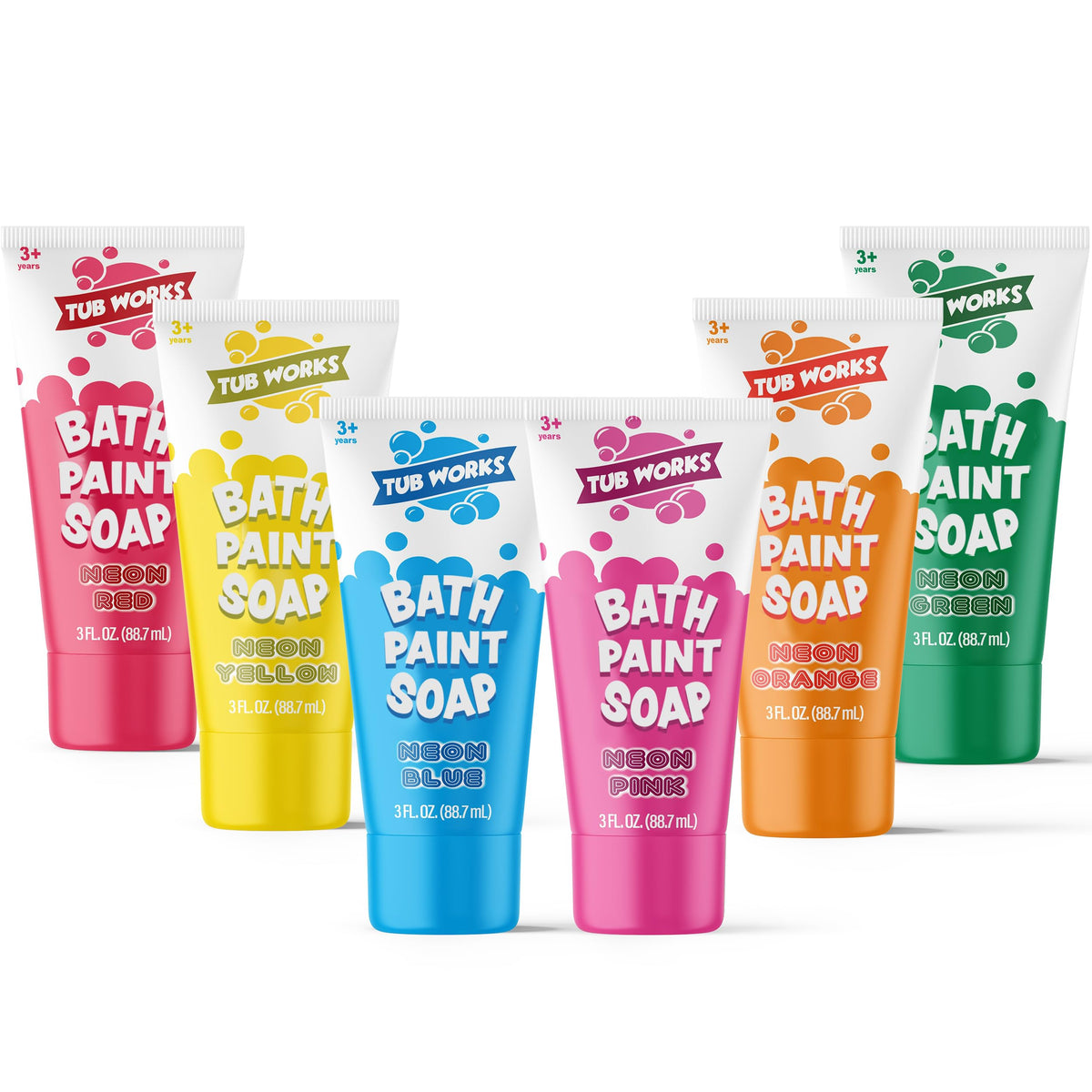 Tub Works neon bath paint tubes on tub wall for creative play