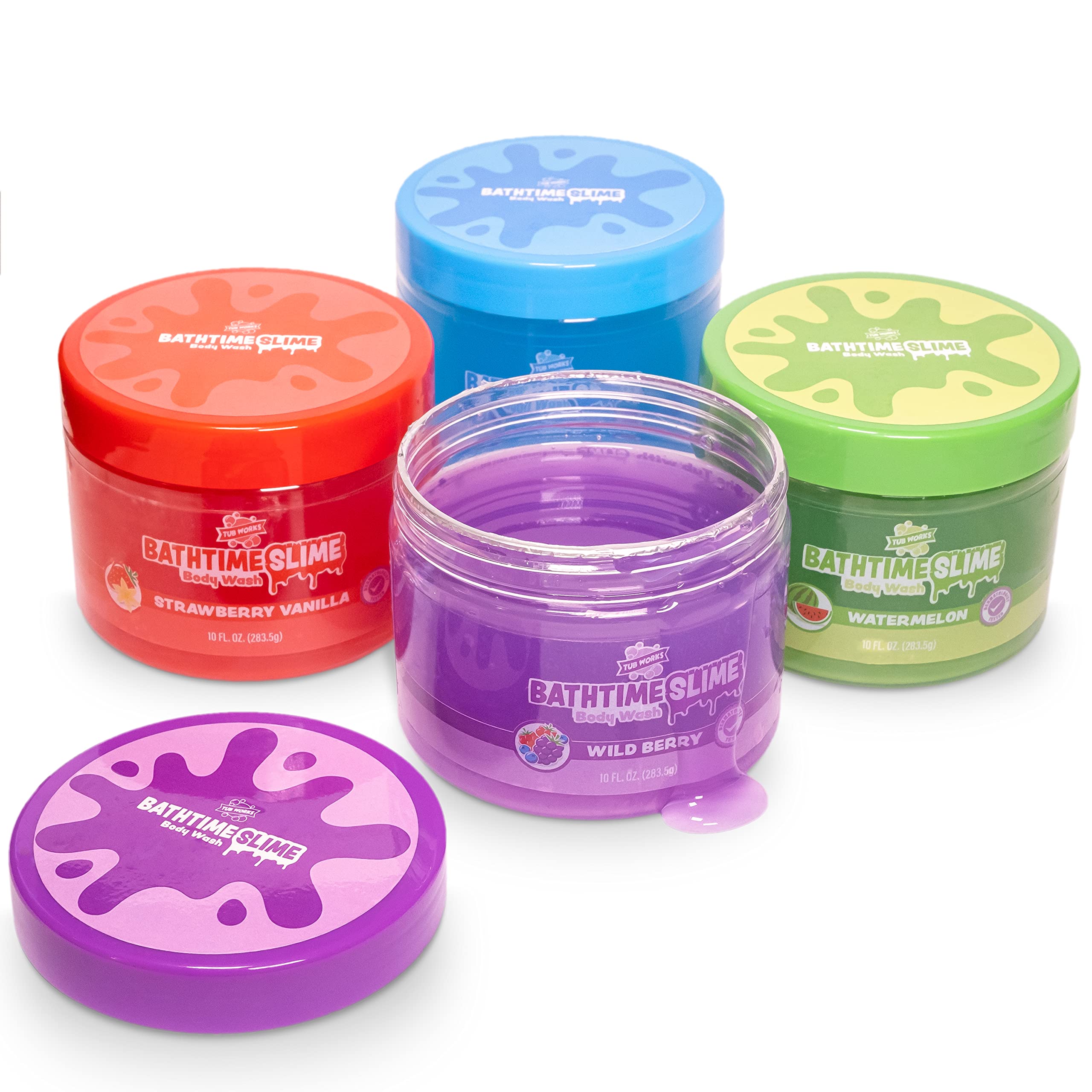 Tub Works Bath Slime 4-Pack back view highlights scents and colors