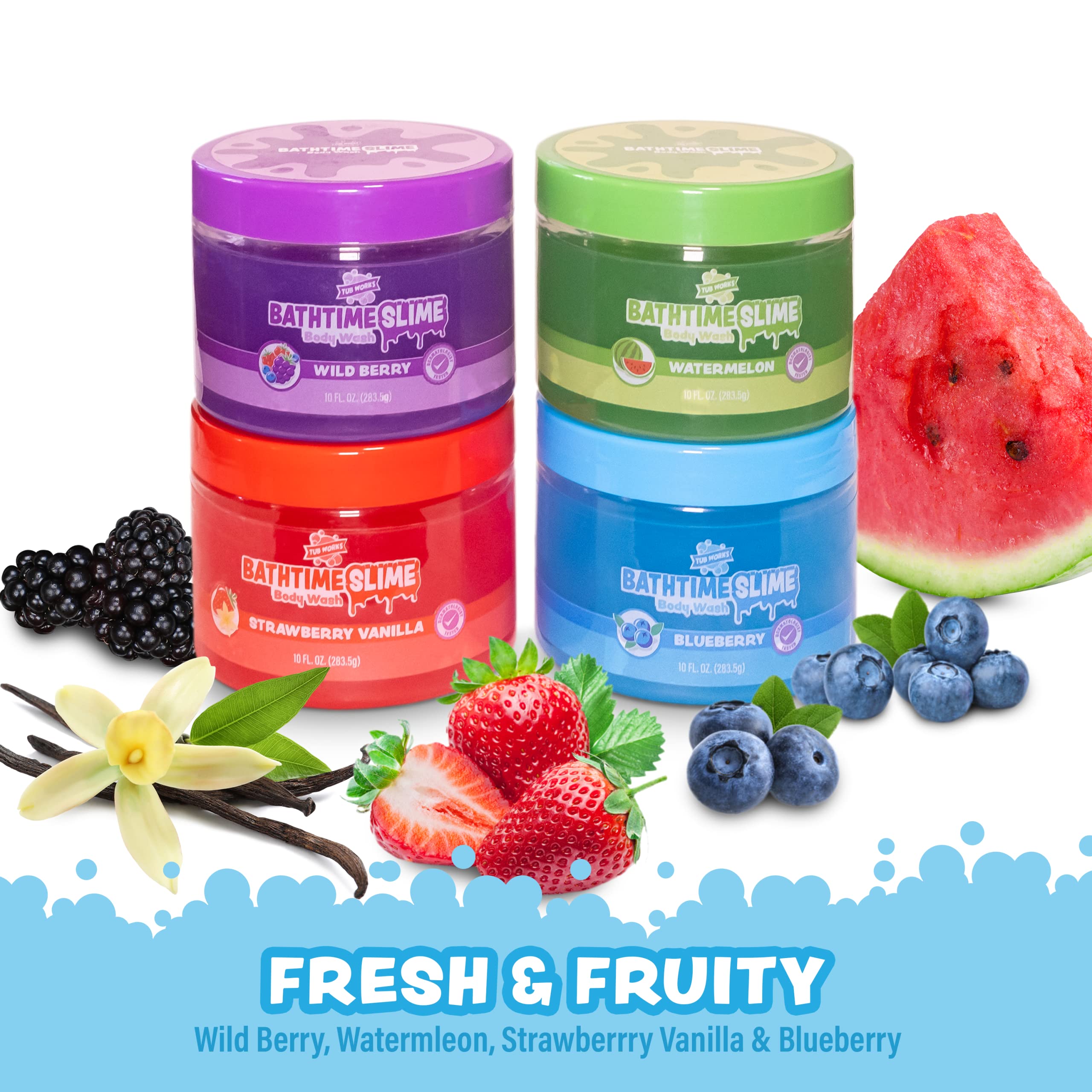 Tub Works Bath Slime 4-Pack front view shows four colorful containers