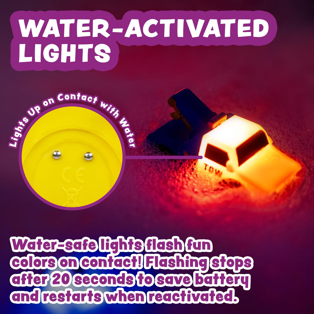 Tub Works Emergency ambulance bath toy flashes colors during water contact.