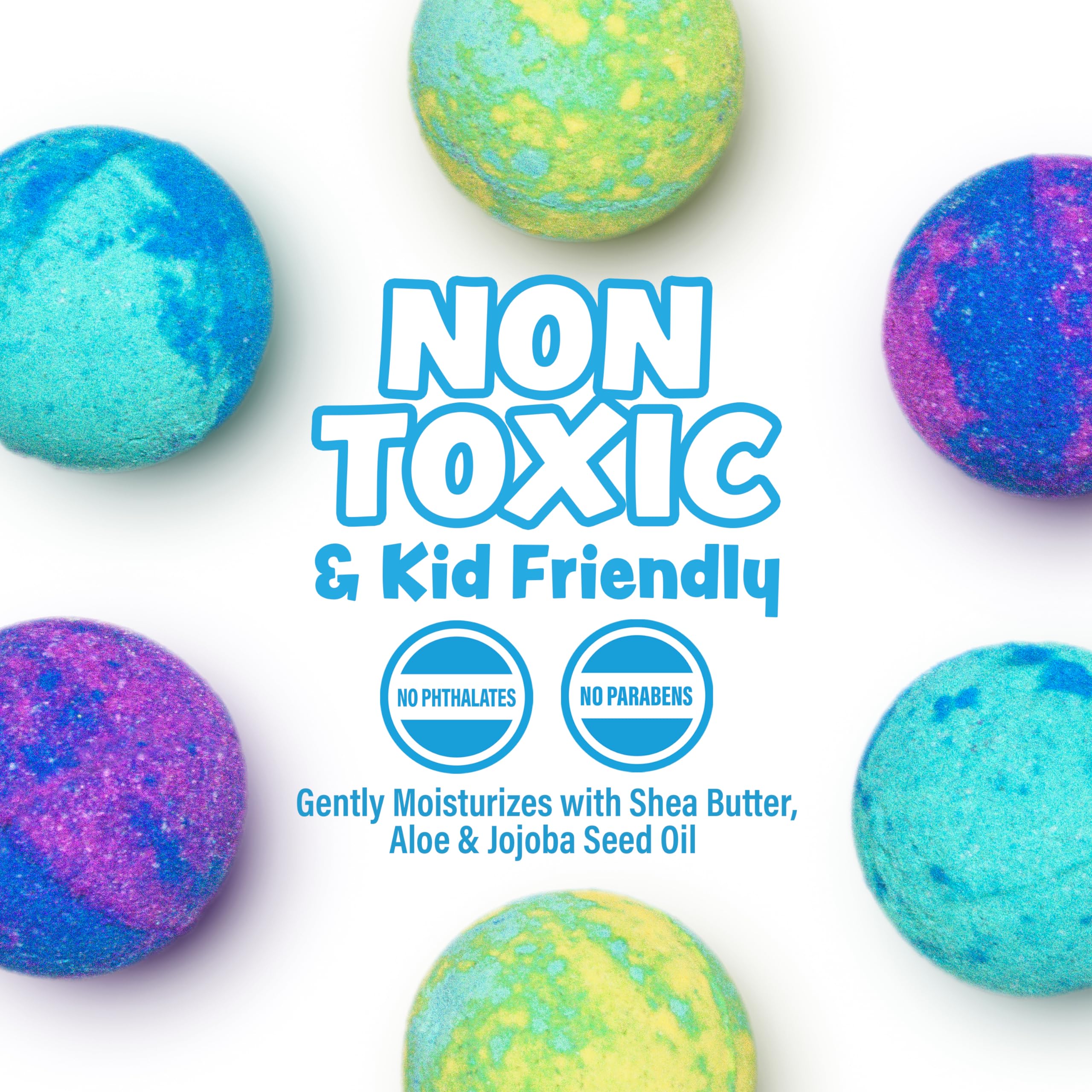 Tub Works non-toxic bath bombs with aloe and shea butter for soft skin.