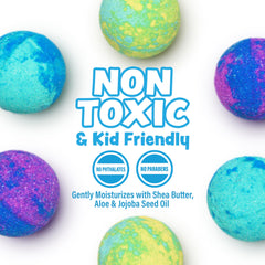 Tub Works non-toxic bath bombs with aloe and shea butter for soft skin.