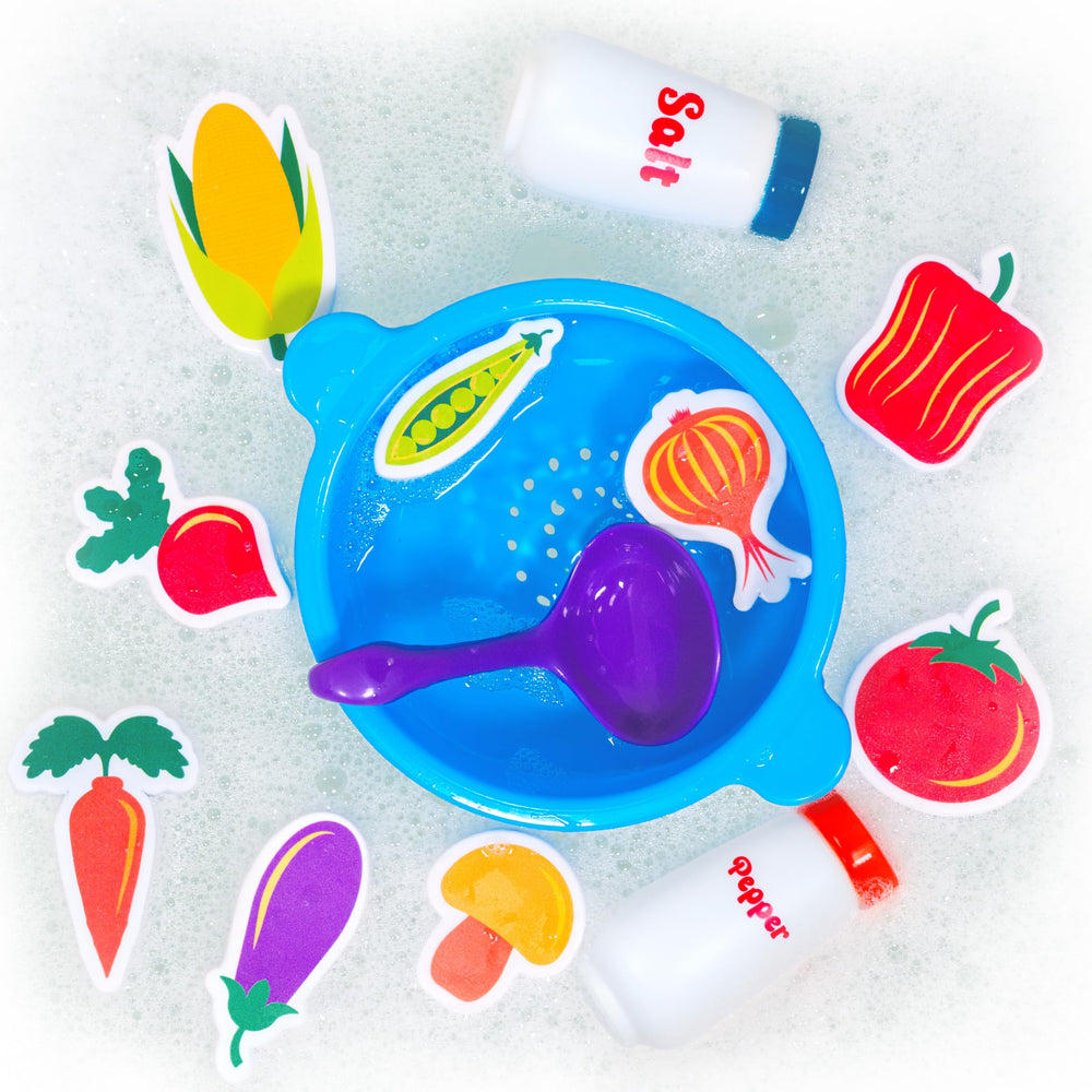 Tub Works 13-piece bath toy set supports pretend cooking