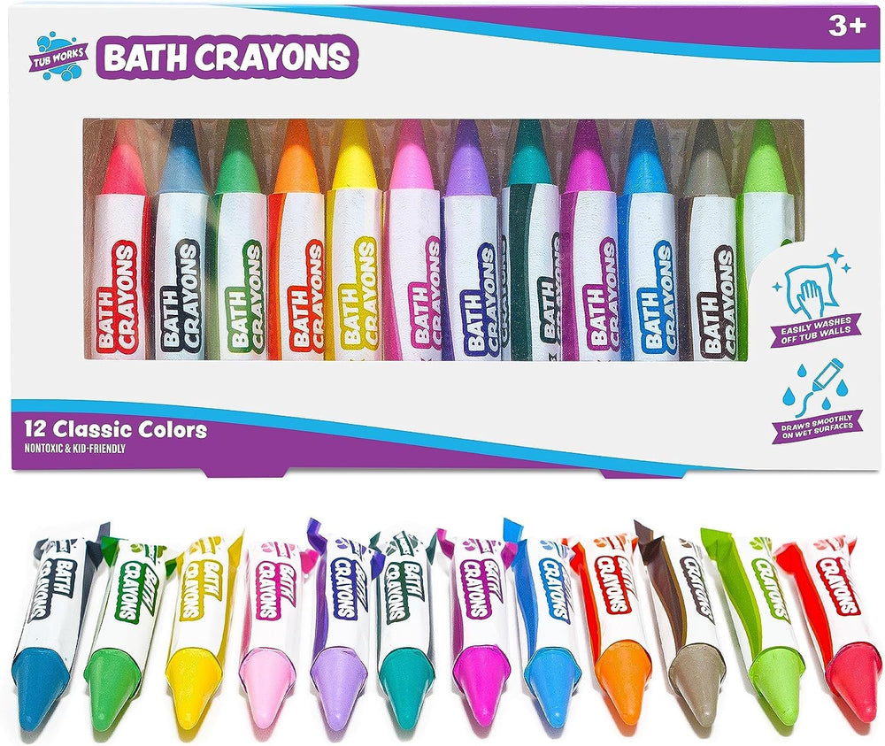 Tub Works Smooth Bath Crayons 12-pack displayed on tub ledge for imaginative play.
