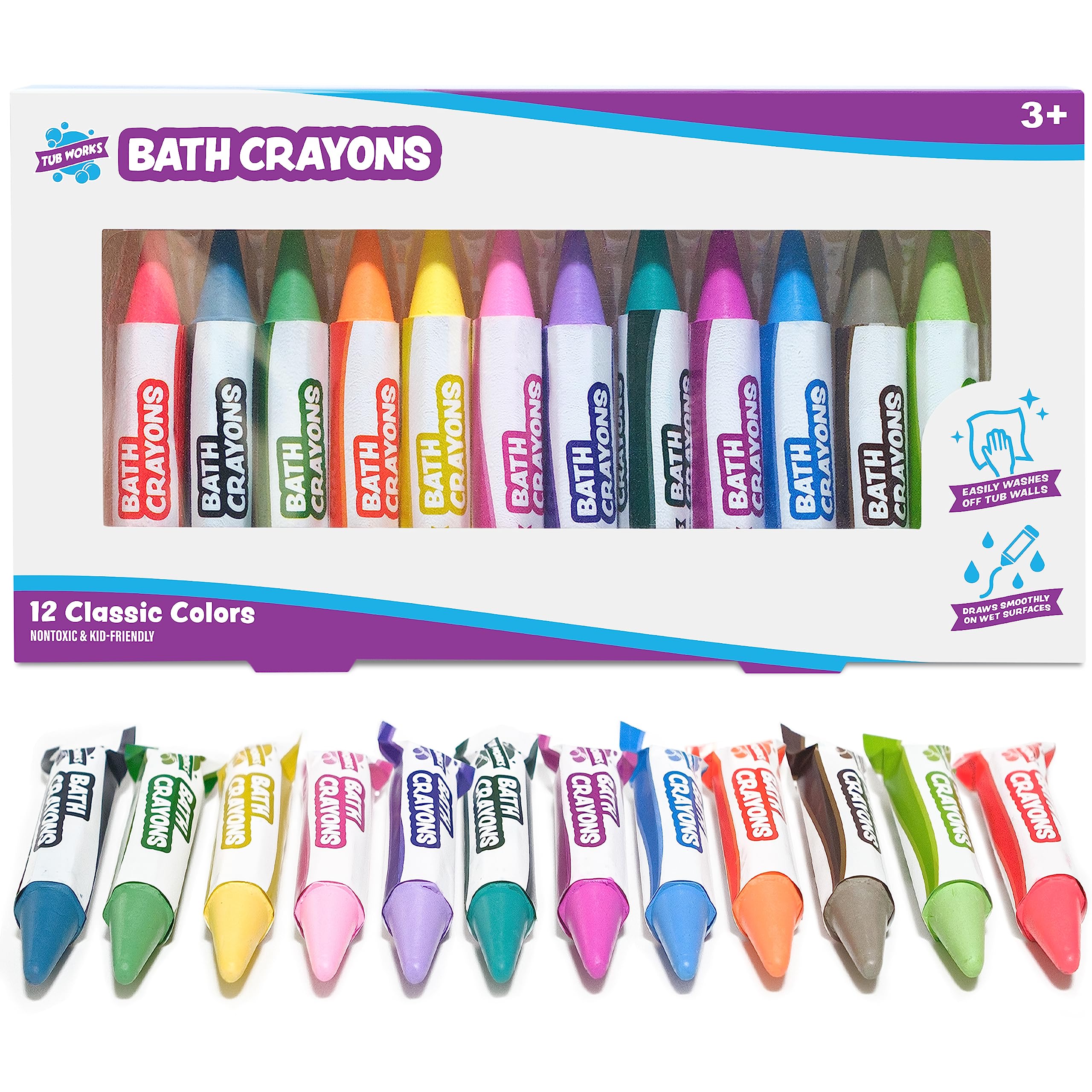 Packaging of Tub Works bath crayons with protective waterproof wrapper.