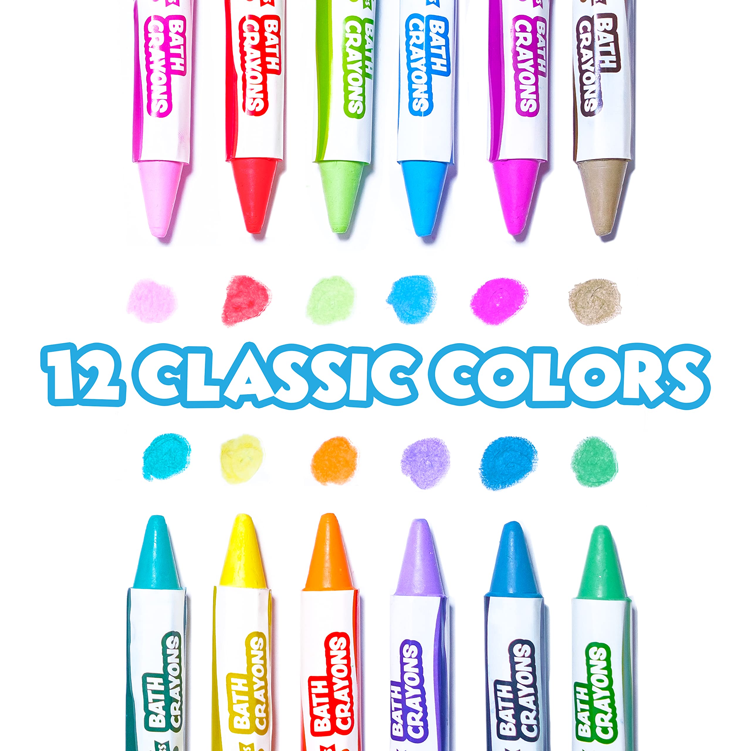 Vivid colors from Tub Works Smooth Bath Crayons swatches on porcelain tub.