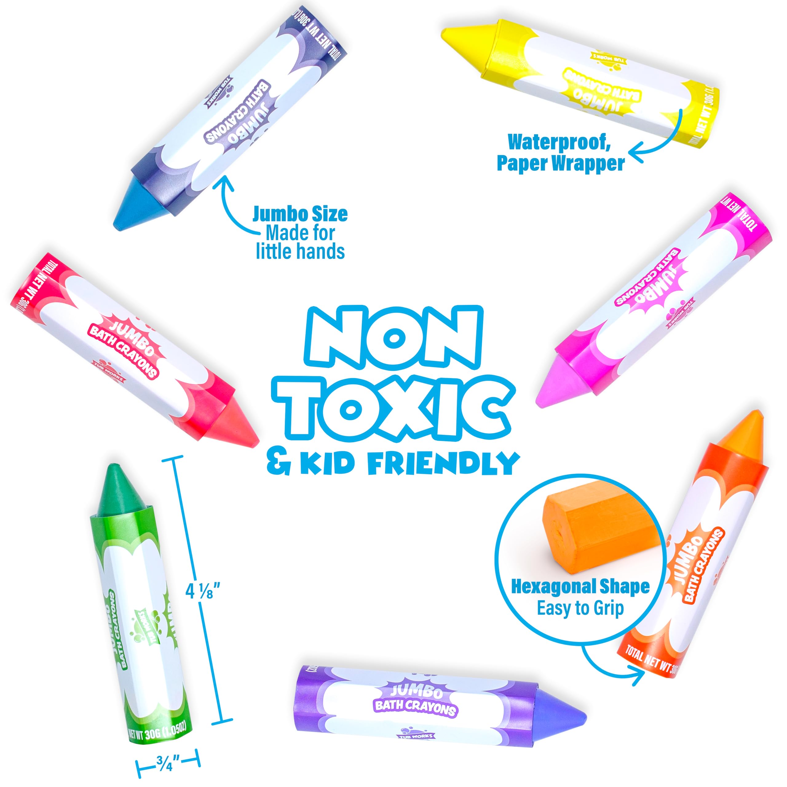 Tub Works Smooth Jumbo Bath Crayons feature easy-grip hexagon shape for little hands.