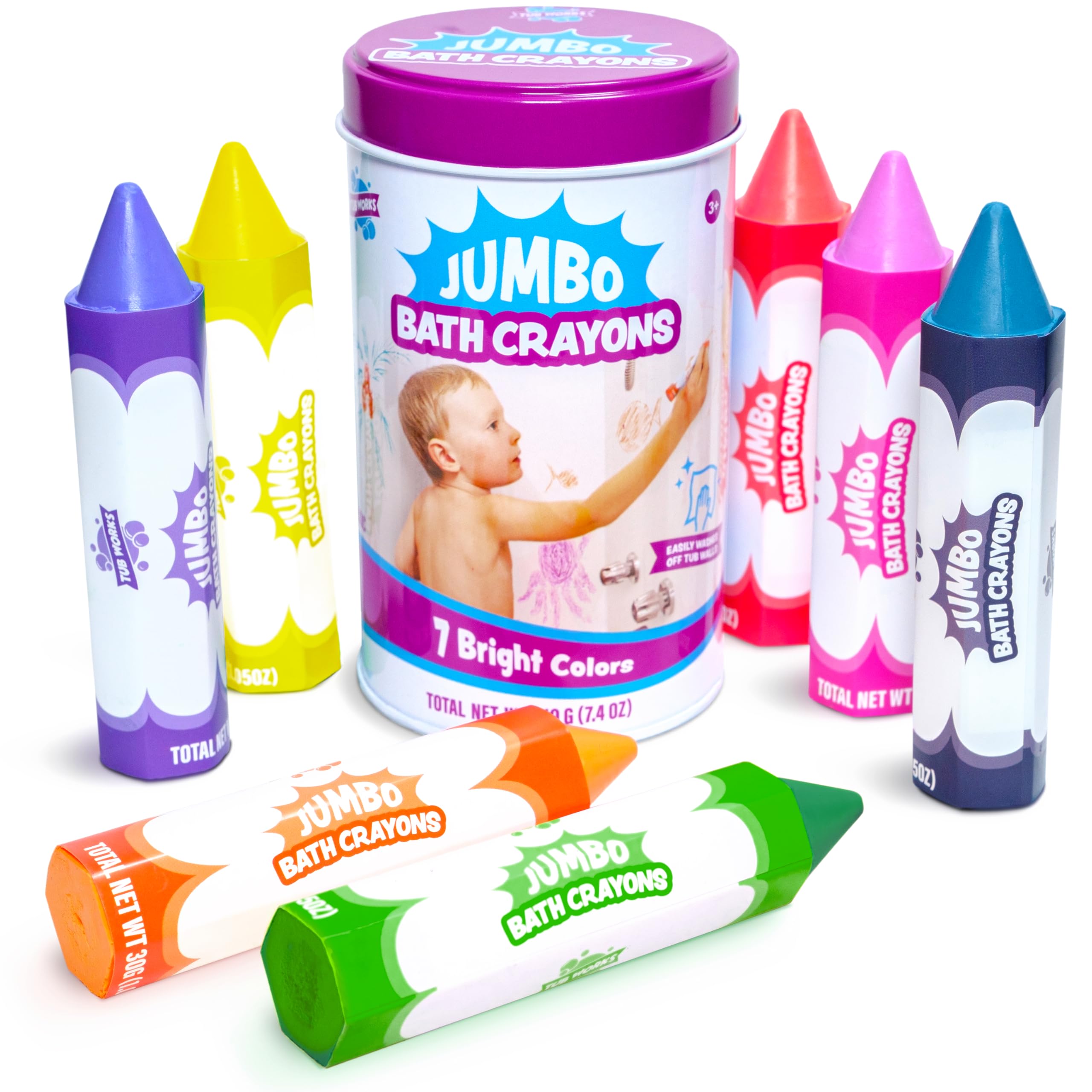 Tub Works Smooth Jumbo Bath Crayons packaging in a metal tin ready for storage.