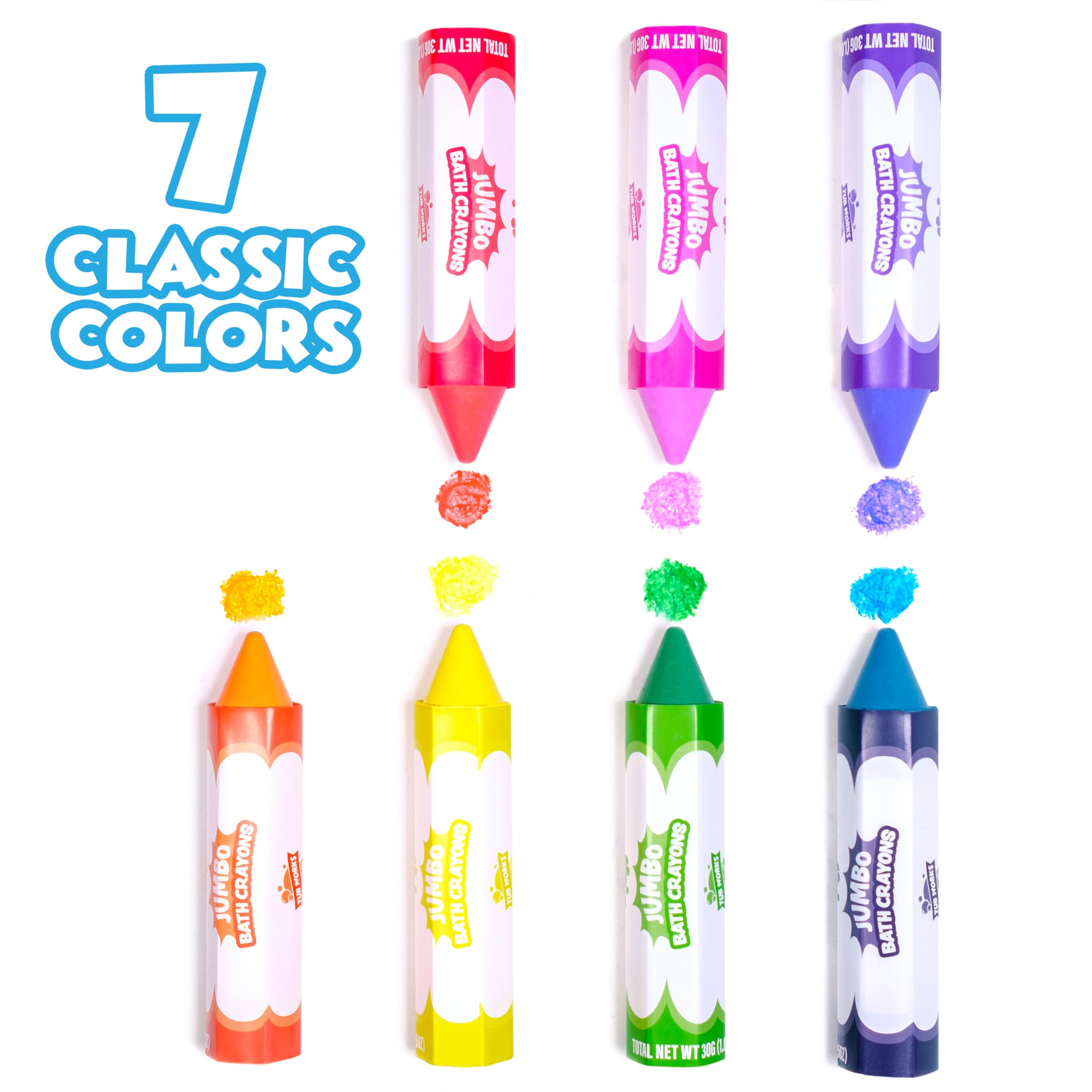 Tub Works Smooth Jumbo Bath Crayons wipe clean from non-porous tub surfaces.