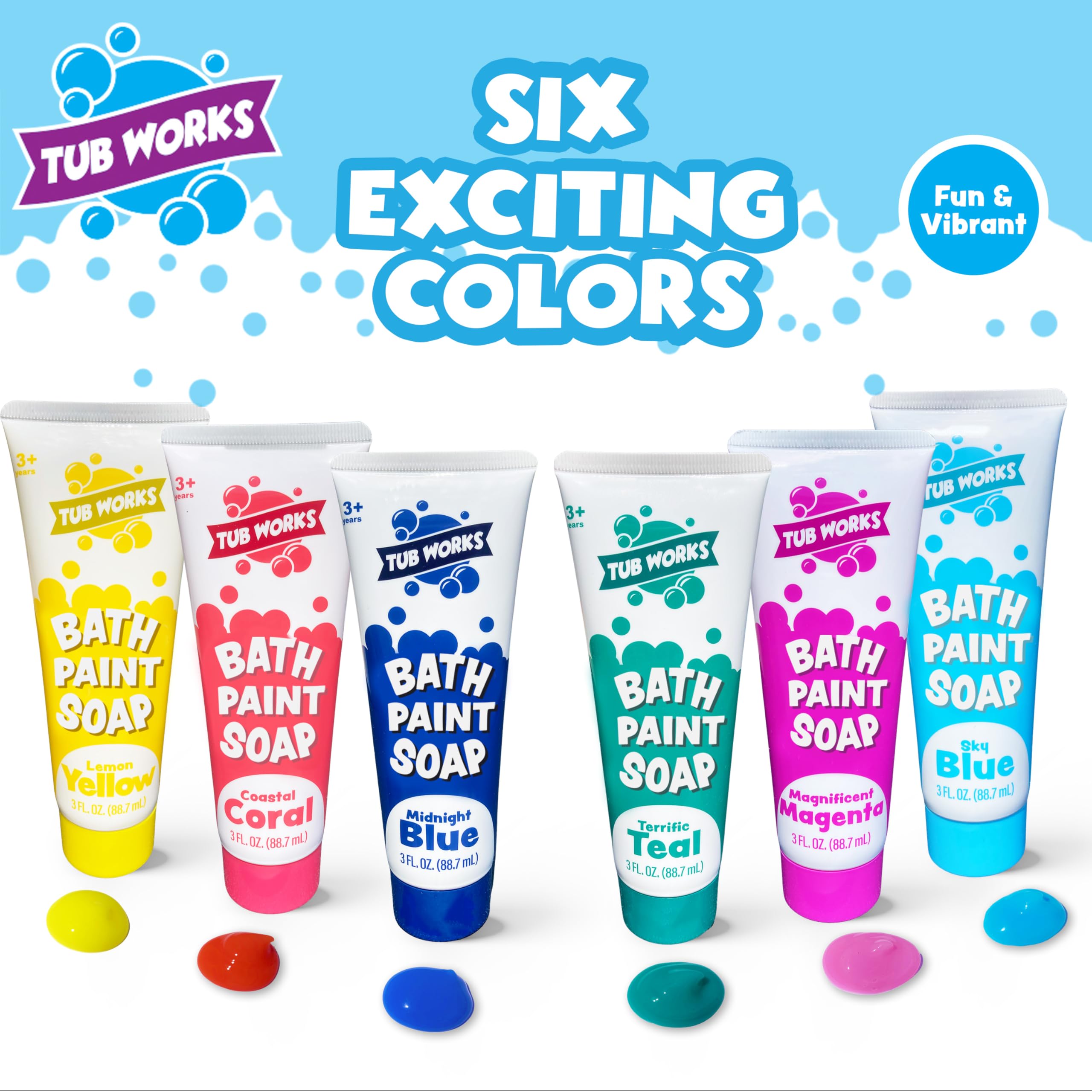 Tub Works teal bath paint on tub wall helps kids learn colors while playing