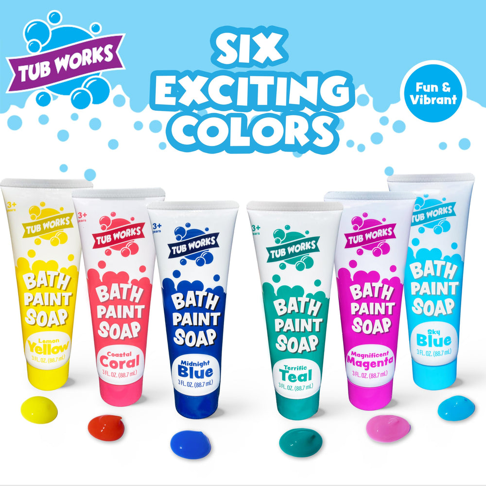 Tub Works teal bath paint on tub wall helps kids learn colors while playing