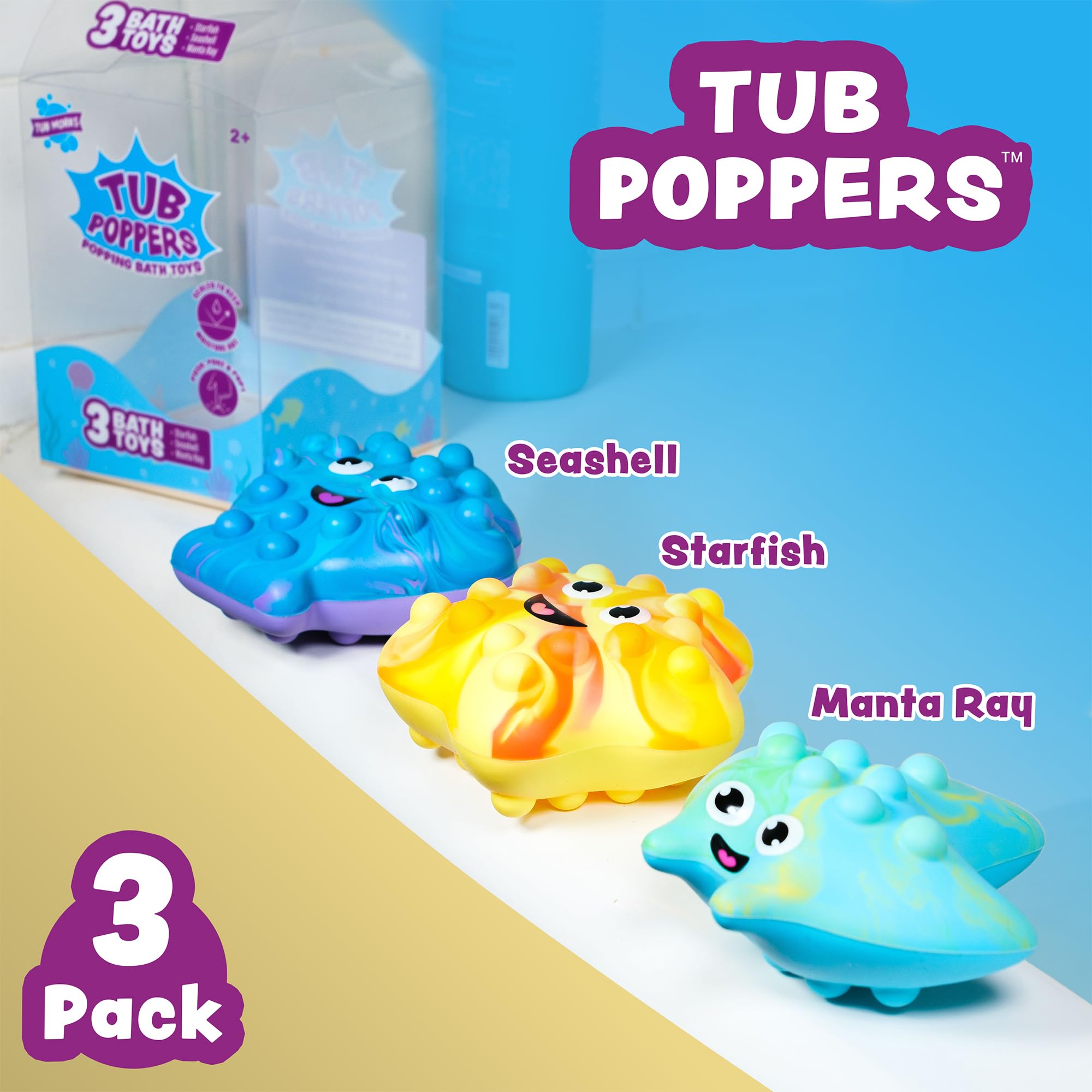 Tub Works Tub Poppers seashell invites texture exploration and bubbles during bath time