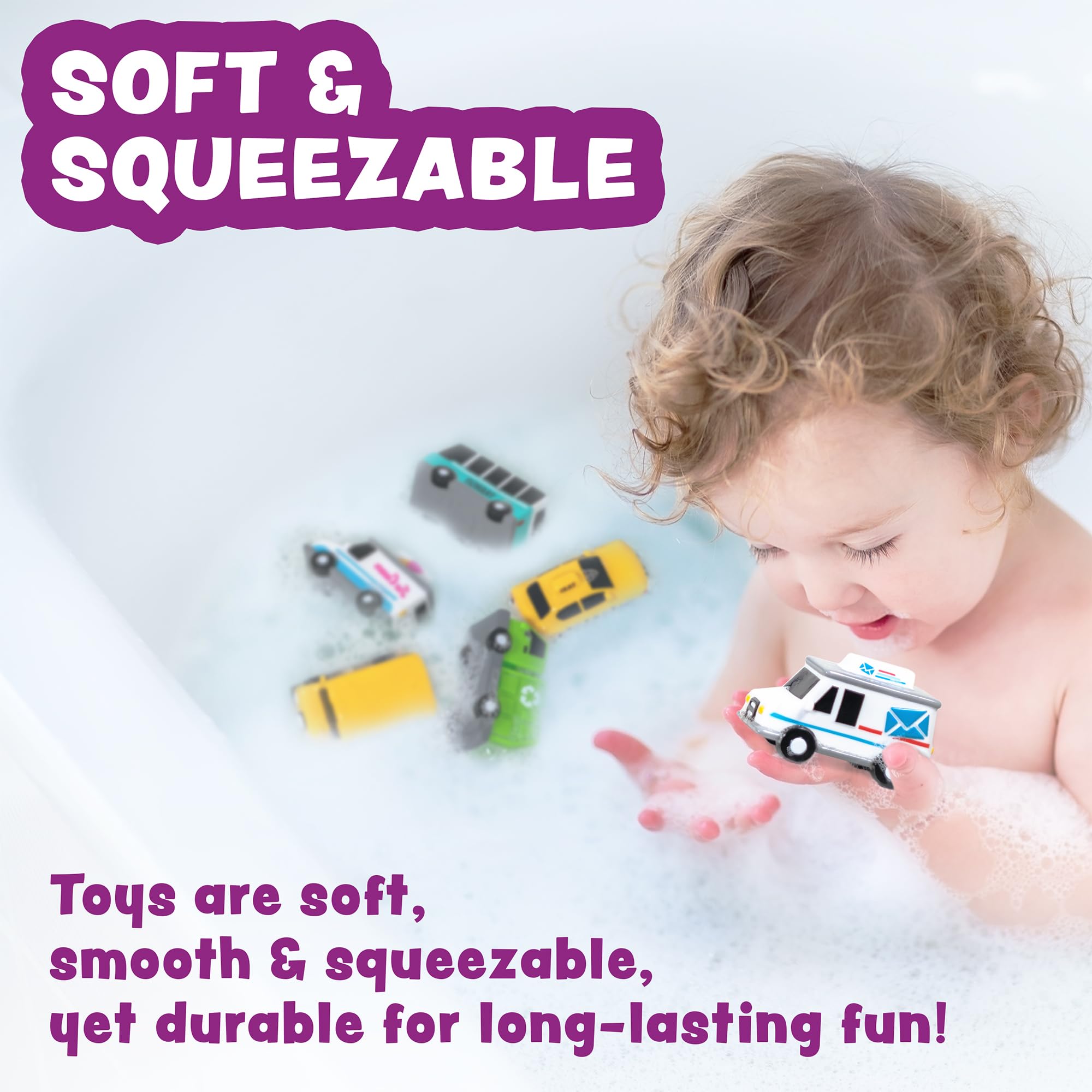 Tub Works City Bus bath toy sparks storytelling and fine motor play in the tub
