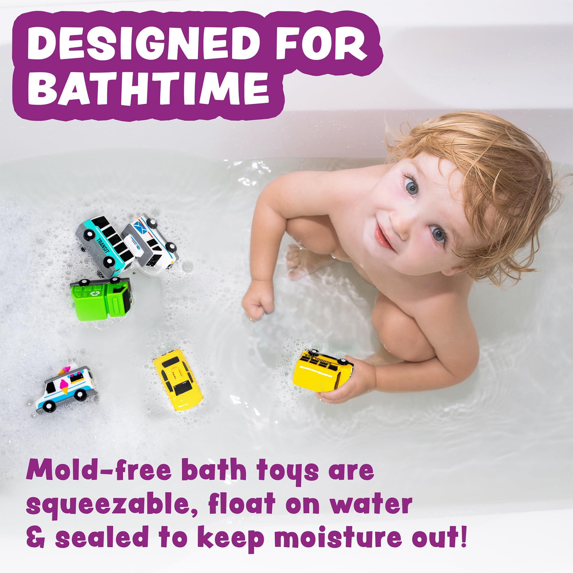 Tub Works Vehicles School Bus bath toy promotes fine motor skills with squeezable action