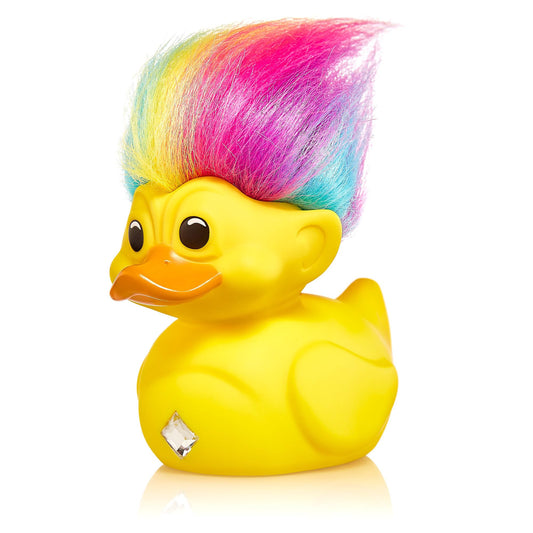 TUBBZ Rainbow Troll duck outside the tub, a highly collectible display piece.